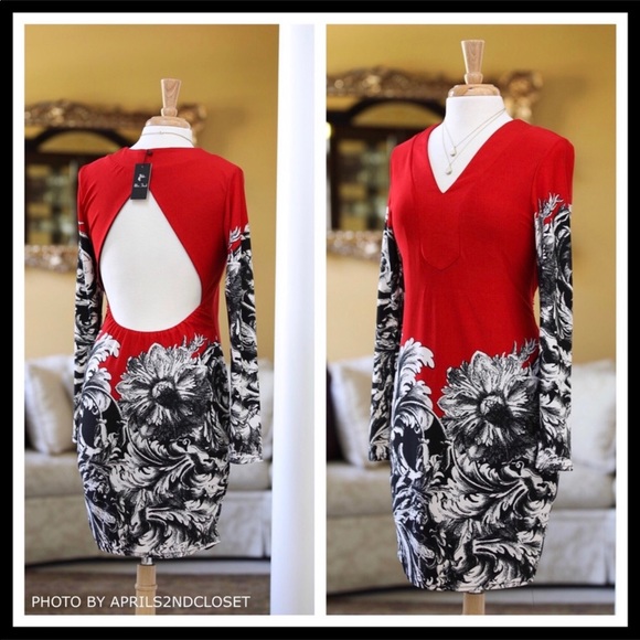 V-NECK OPEN BLACK RED WHITE SHEATH MINI DRESS A3C - Picture 2 of 8